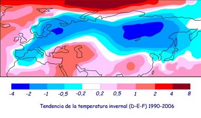 Tendencia de la temperatura invernal en Eurasia desde 1990 a 2006